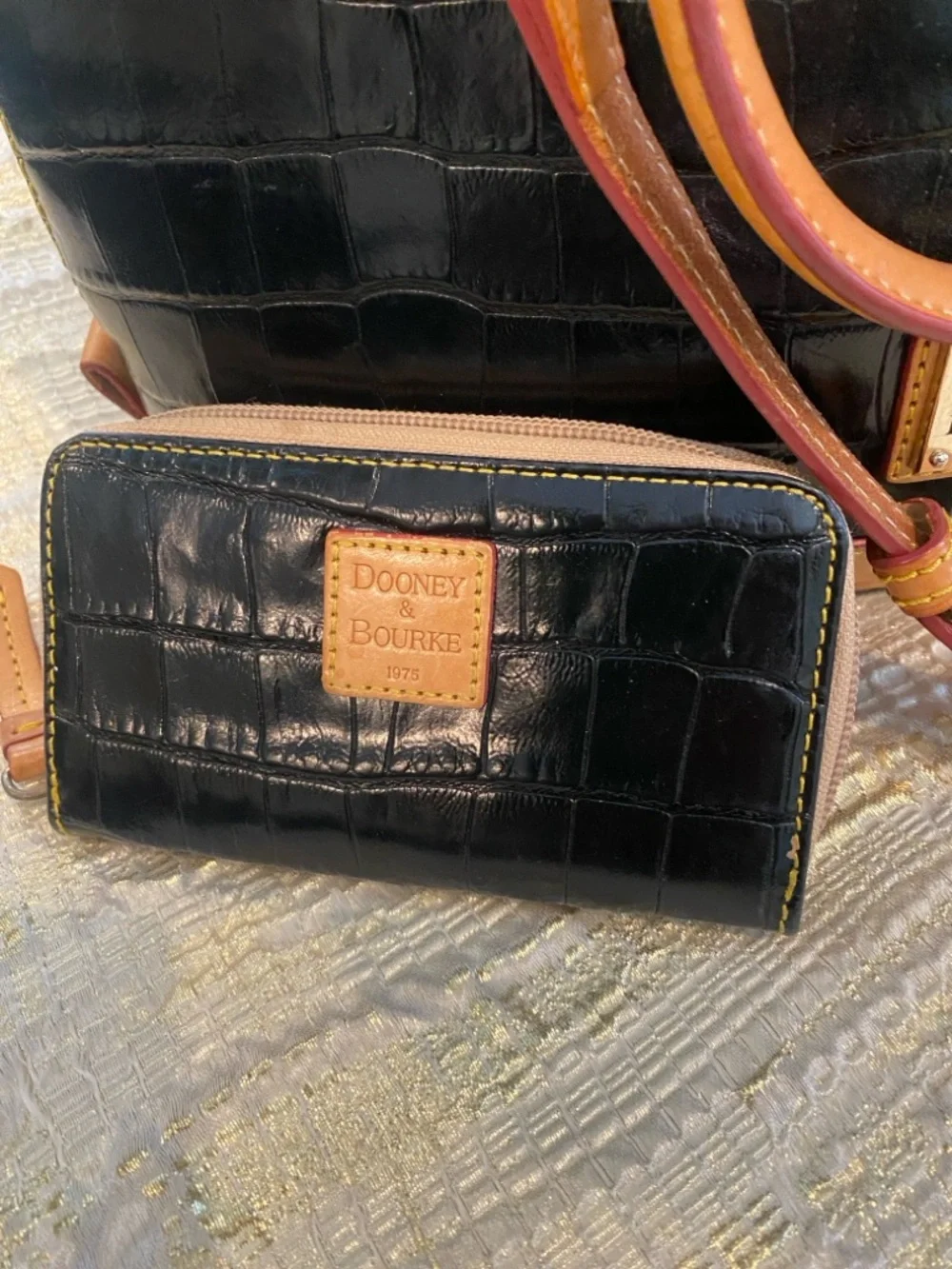 Dooney & Bourke Black Croc-Embossed Satchel with Tan Trim